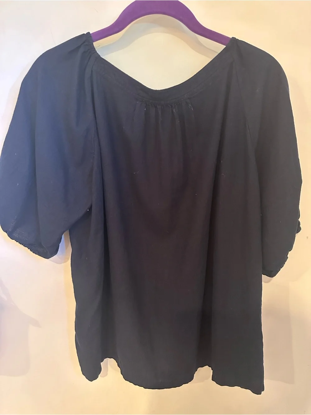 LOFT Navy Puff-Sleeve Cotton Blend Peasant Top